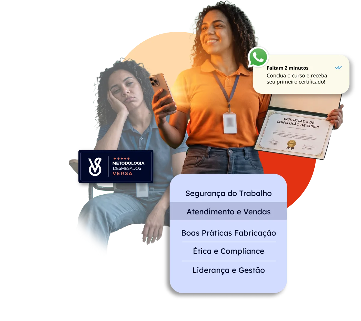 Aula pelo celular, certificado de conclusão e a lista de cursos da Versa